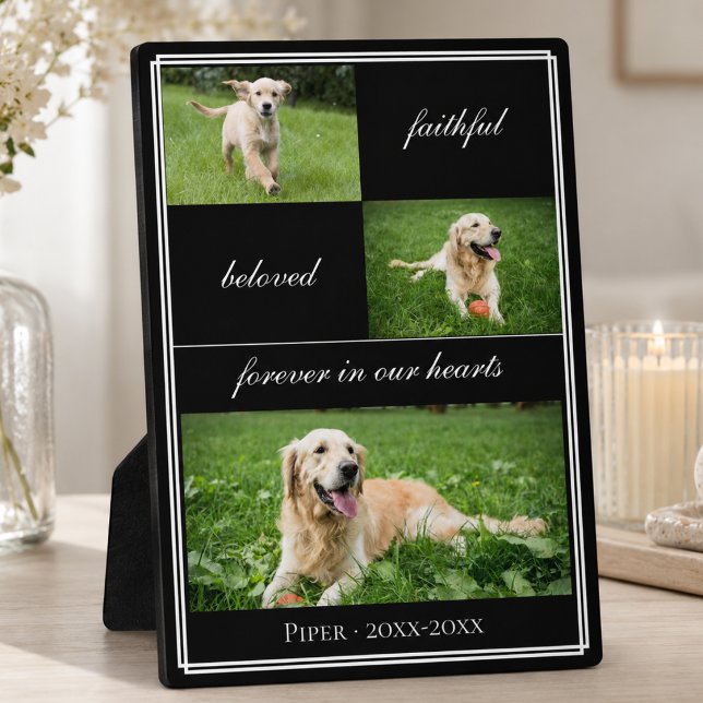 Pet Photo Collage Memorial Plaque (elegant script black and white 3 photo collage forever in our hearts pet dog memorial plaque)