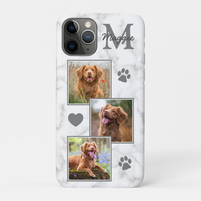 Pet Photo Collage Modern Monogram White Marble Dog Case-Mate iPhone Case (Back)