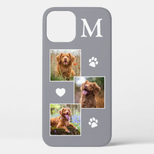 Pet Photo Collage Monogram Initial Gray Cat Dog iPhone 12 Case