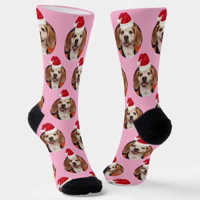 Pet Photo Cute Light Pink Santa Hats Christmas Socks (Angled)