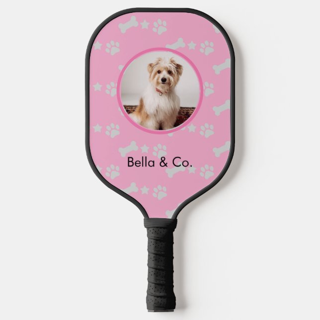 Pet Photo Dog Bone Paw Pink Pattern Personalized Pickleball Paddle (Front)