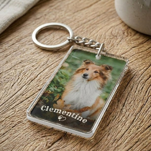 Pet Photo Dog Lover Pawprint Heart Rustic Name Keychain