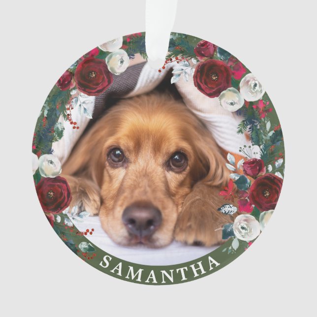 Pet Photo Dog Red Rose Wreath Christmas Ornament (Front)