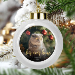 Pet Photo First Christmas Forever Home Gold Script Ceramic Ball Christmas Ornament<br><div class="desc">Commemorate your pet's first Christmas in your new home with this beautiful modern keepsake ornament. The text reads "First Christmas in my fur-ever home, " with the words "fur-ever home" in elegant gold faux foil script. Replace the sample image with a photo of your cat or dog and add their...</div>