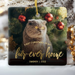 Pet Photo First Christmas Forever Home Gold Script Ceramic Ornament<br><div class="desc">Celebrate your pet's first Christmas in their new home with this beautiful modern keepsake ornament. The text reads "First Christmas in my fur-ever home, " with the words "fur-ever home" in elegant gold faux foil script. Replace the sample image with a photo of your cat or dog and add their...</div>