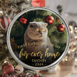 Pet Photo First Christmas Forever Home Gold Script Metal Ornament<br><div class="desc">Celebrate your pet's first Christmas in their new home with this beautiful modern keepsake ornament. The text reads "First Christmas in my fur-ever home, " with the words "fur-ever home" in elegant gold faux foil script. Replace the sample image with a photo of your cat or dog and add their...</div>