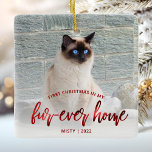 Pet Photo First Christmas Forever Home Red Ceramic Ornament<br><div class="desc">Commemorate your pet's first Christmas in their new home with this beautiful modern keepsake ornament. The text reads "First Christmas in my fur-ever home, " with the words "fur-ever home" in elegant red faux foil script. Replace the sample image with a photo of your cat or dog and add their...</div>