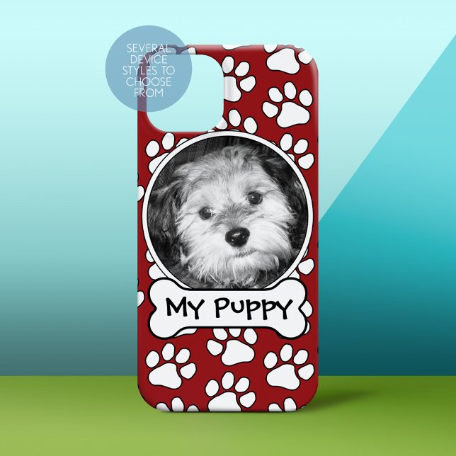 Pet Photo Frame Red Black Paw Prints Dog Bone Case-Mate iPhone Case (Personalized Phone Case)