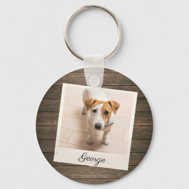 Pet Photo Frame Rustic Wood Personalized Keychain (Front)