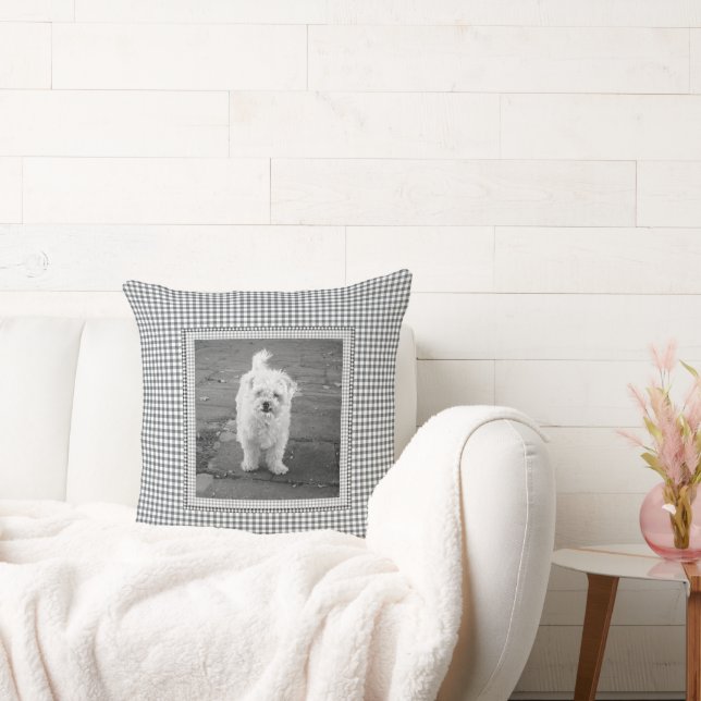 Pet PHOTO Gingham NAME Dog Decor Black White Throw Pillow (Couch)