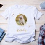 Pet Photo Gold Stars Dog Birthday Personalized T-Shirt<br><div class="desc">Puppy Pawty ! Add the finishing touch to your puppy or dogs birthday with this elegant gold custom pet photo and glitter stars party shirts. Add your pup's favourite photo and personalize with name, age birthday! See out Puppy Dog birthday collection for matching birthday invitations, party decor, favours, and gifts....</div>