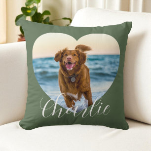 Pet Photo Green Script Cute Heart Personalized Dog Throw Pillow