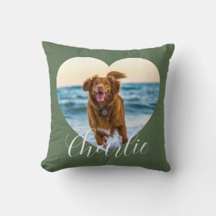 Pet Photo Green Script Cute Heart Personalized Dog Throw Pillow