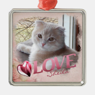 Pet Photo Keepsake, Love & Heart, Pink - Square Metal Ornament