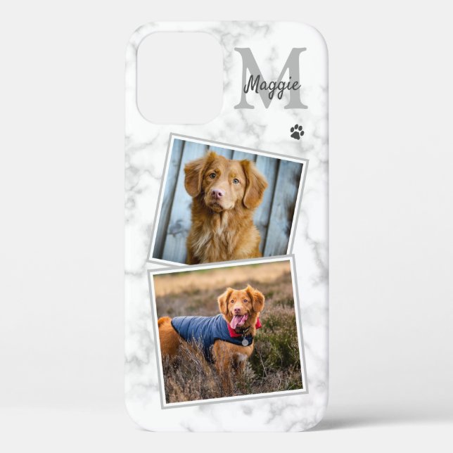Pet Photo Marble Monogram Initial Name 2 Cat Dog Case-Mate iPhone Case (Back)