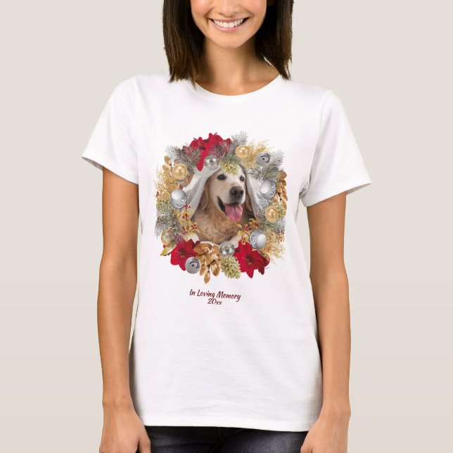 PET PHOTO MEMORIAL Customizable Christmas Wreath T-Shirt (Front)
