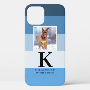 Pet Photo Modern Monogram   Blue Colorbox Stripes iPhone 12 Case