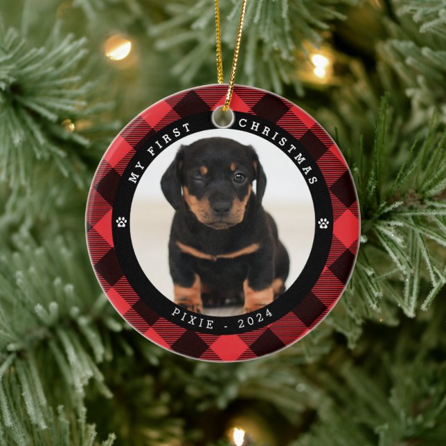 Pet Photo 'My First Christmas' Plaid Christmas Ceramic Ornament (Tree)