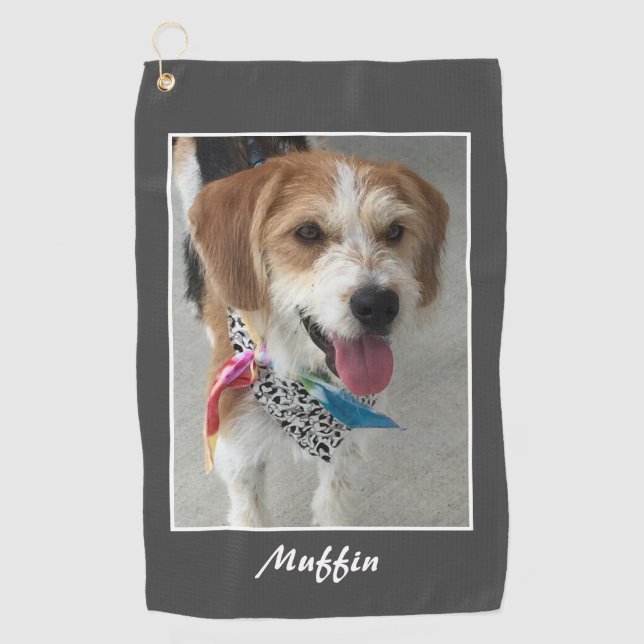 Pet Photo & Name, Customize, Dark Grey & White Golf Towel (Front)