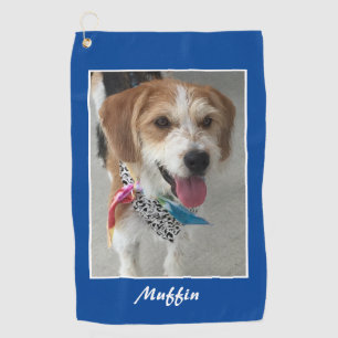 Pet Photo & Name, Customize, Deep Blue & White Golf Towel