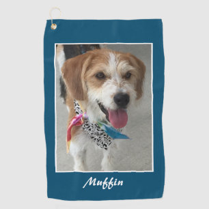 Pet Photo & Name, Customize, Ocean Blue & White Golf Towel