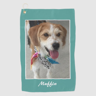 Pet Photo & Name, Customize, Teal & White Golf Towel