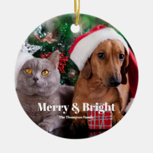 Pet Photo Name Merry and Bright  Ceramic Ornament
