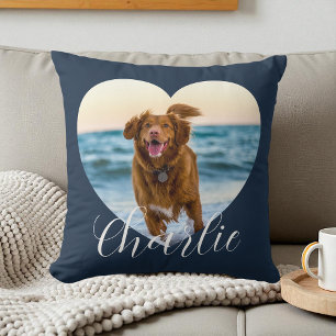 Pet Photo Navy Blue Script Heart Personalized Dog Throw Pillow