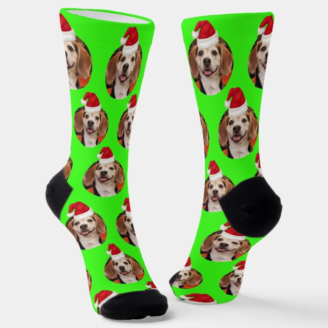 Pet Photo Neon Green Santa Hats on Head Christmas Socks (Angled)