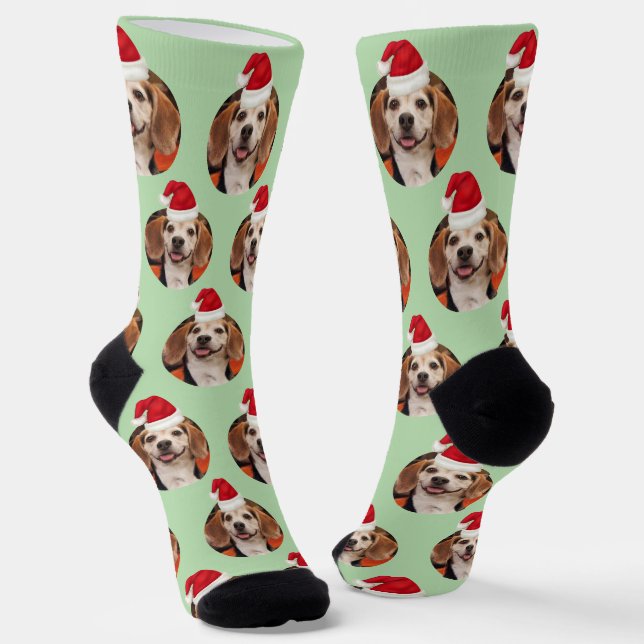 Pet Photo Pale Green Cute Santa Hats Christmas Socks (Angled)