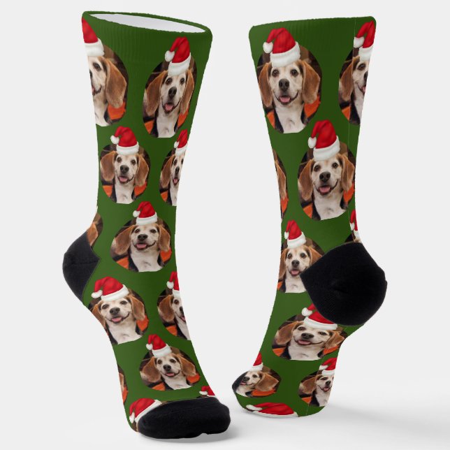 Pet Photo Pattern Forest Green Red Christmas Socks (Angled)