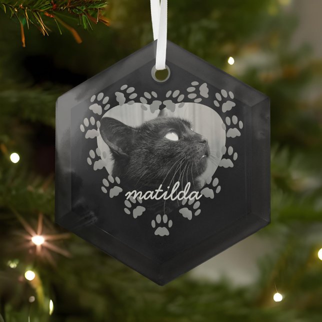 Pet Photo Paw Print Heart Cat Christmas Ornament (Just add your cat photo and name)