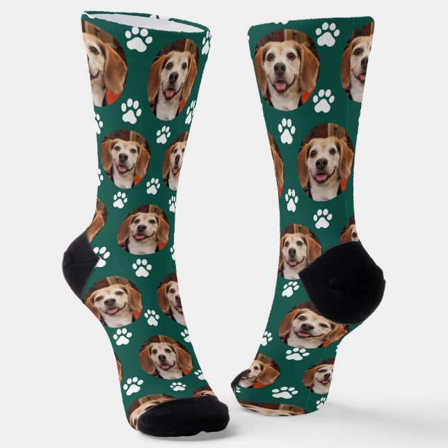Pet Photo & Paw Prints Emerald Green Custom Socks (Angled)