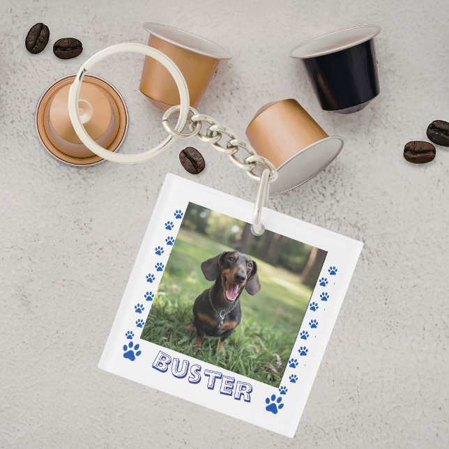 Pet Photo Paws Blue Personalize Keychain (Creator Uploaded)