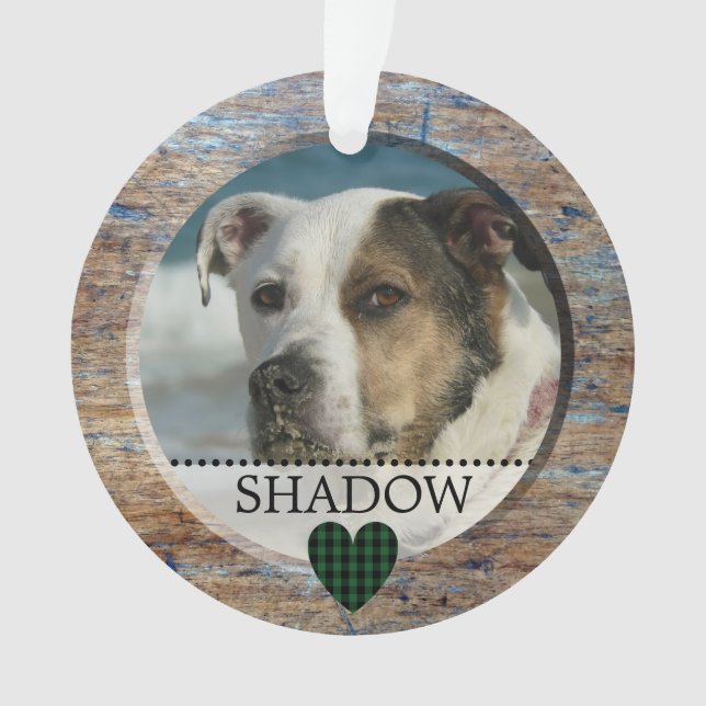 Pet Photo Personalized Name Heart Rustic Christmas Ornament (Front)