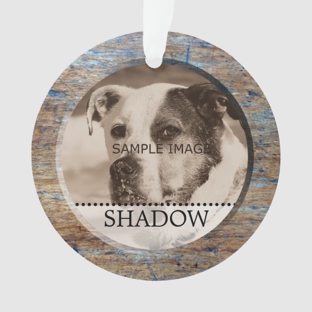 Pet Photo Personalized Name Rustic Wood Christmas Ornament (Front)