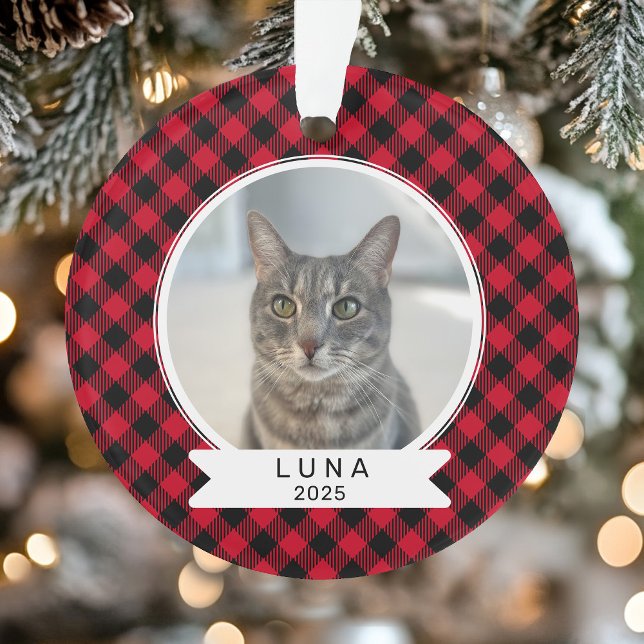 Pet Photo Red and Black Buffalo Plaid Christmas Ornament (Pet Photo Red and Black Buffalo Plaid Christmas Ornament)