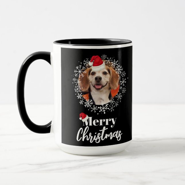 Pet Photo Red Santa Hat Snowflakes Black Christmas Mug (Left)