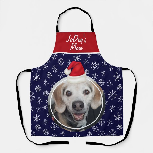 Pet Photo Red Santa Hat Snowflakes Navy Christmas Apron (Front)