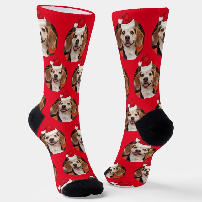 Pet Photo Red Santa Hats Cute Christmas Socks (Angled)