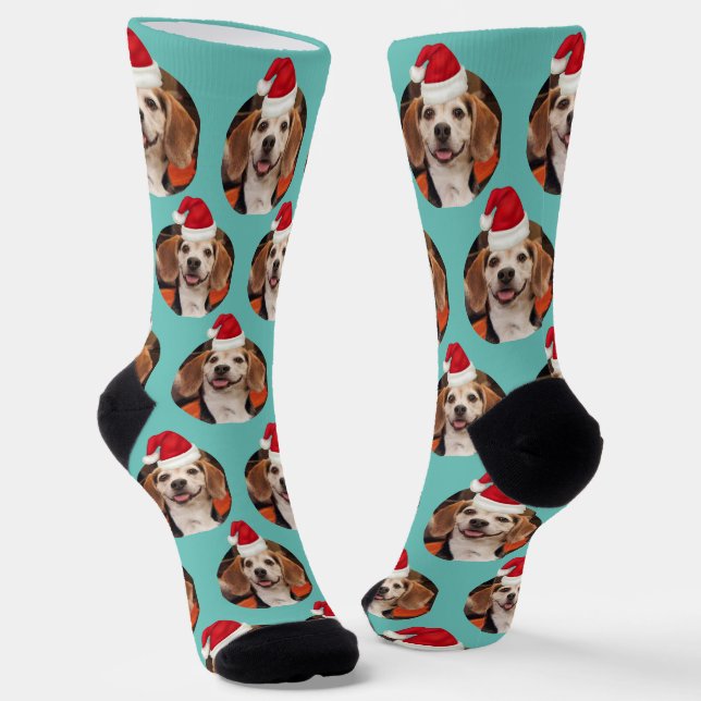 Pet Photo & Santa Hats on Head Teal Christmas Socks (Angled)