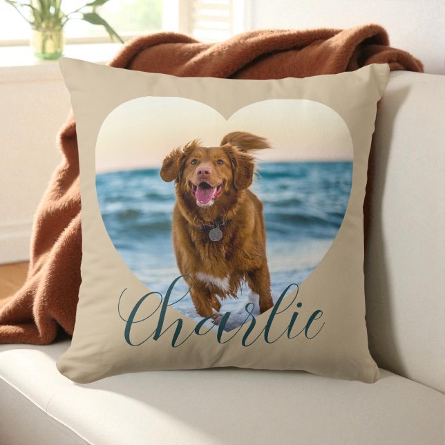 Pet Photo Script Beige Cute Heart Personalized Dog Throw Pillow (Pet Photo Script Beige Cute Heart Personalized Dog Throw Pillow)