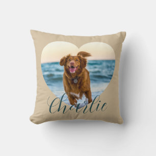 Pet Photo Script Beige Cute Heart Personalized Dog Throw Pillow