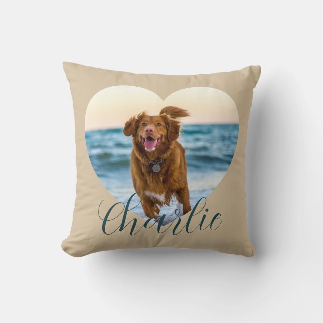 Pet Photo Script Beige Cute Heart Personalized Dog Throw Pillow (Front)