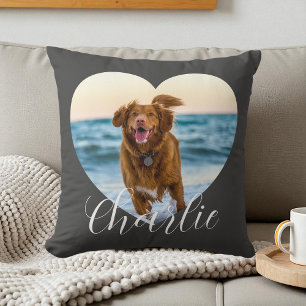 Pet Photo Script Grey Cute Heart Personalized Dog Throw Pillow