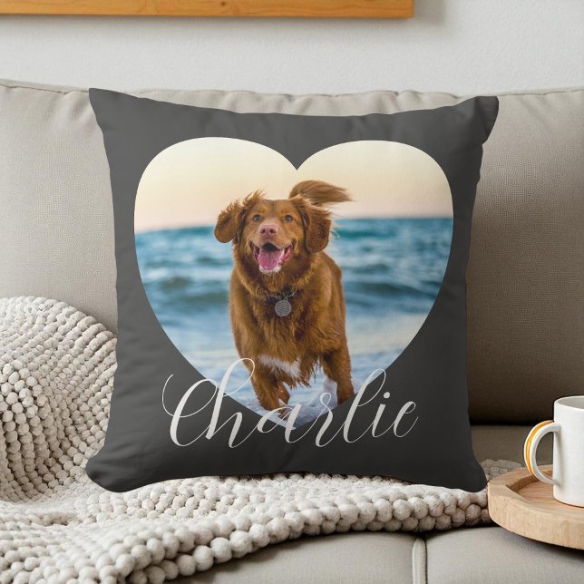 Pet Photo Script Grey Cute Heart Personalized Dog Throw Pillow (Pet Photo Script Gray Cute Heart Personalized Dog Throw Pillow)