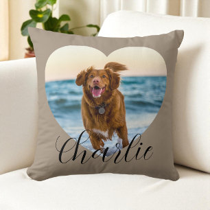 Pet Photo Script Taupe Cute Heart Personalized Dog Throw Pillow