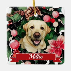 Pet Photo Watercolor Christmas Wreath  Ceramic Ornament