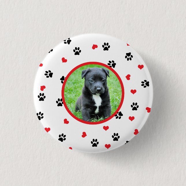pet photo with cute sweet paw and heart pattern 1 inch round button (Front)
