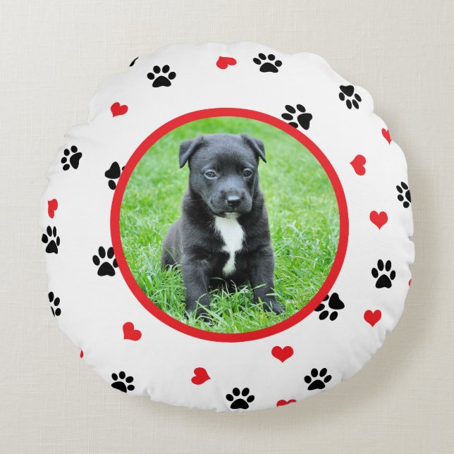 pet photo with cute sweet paw and heart pattern round pillow (Front)